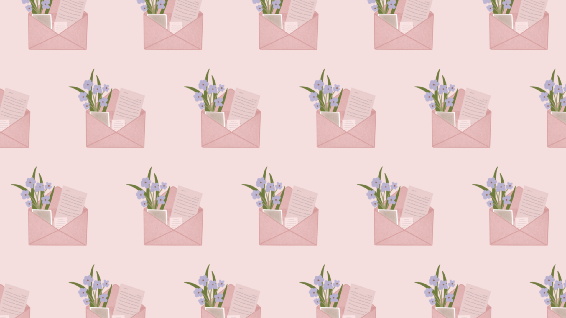 Picture of a repeated pattern of pink envelopes stuffed with pink papers and a purple flower bouquet, on a light pink background.
