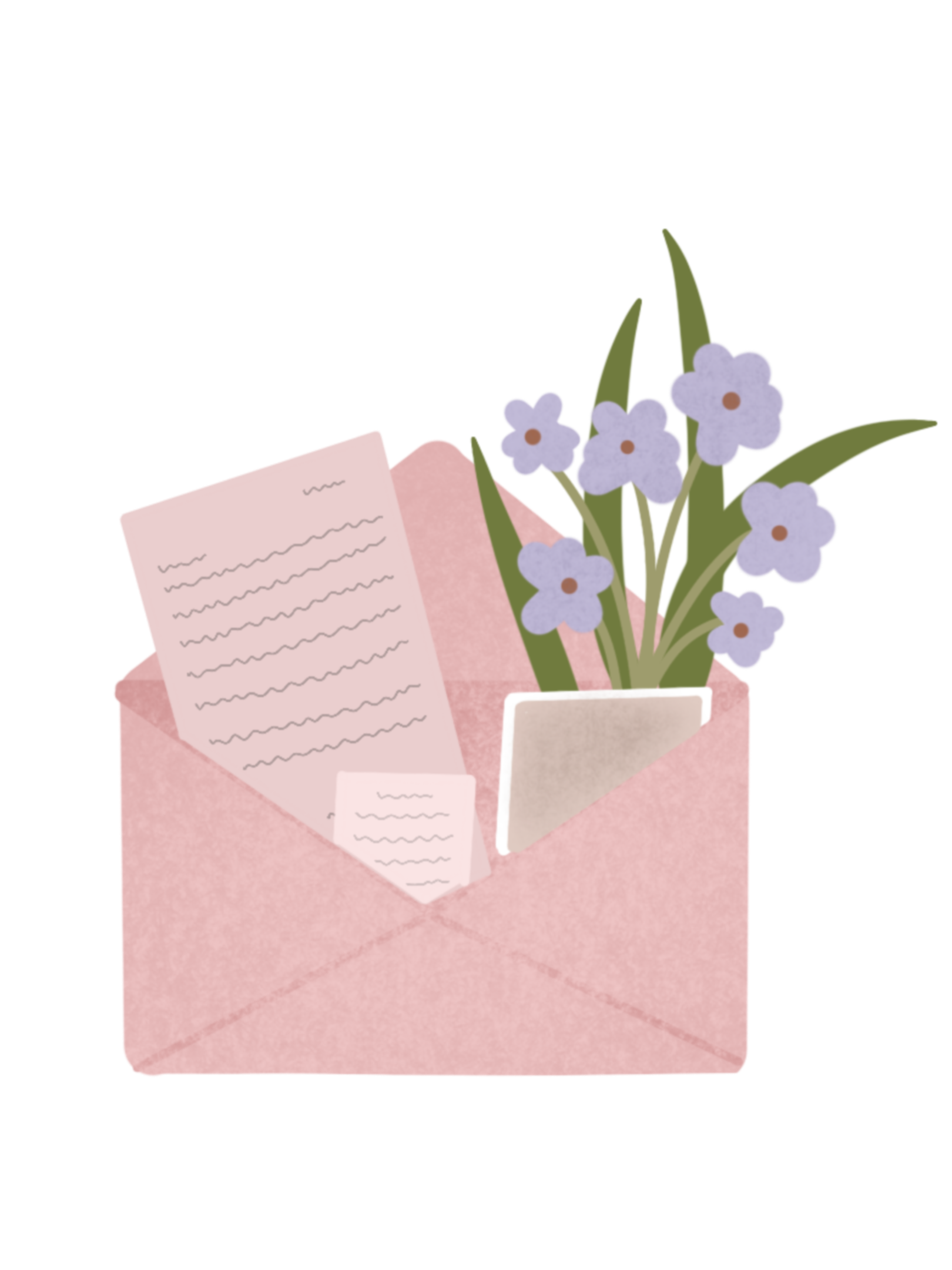 Pink envelope with a letter and a small bouquet of flowers on a pink background